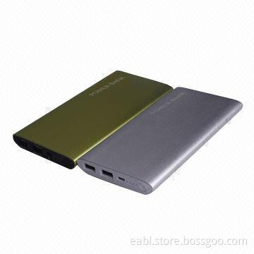 Dual USB mobile power charger with 12,000mAh capacity for most phones, thin, lithium polymer battery
